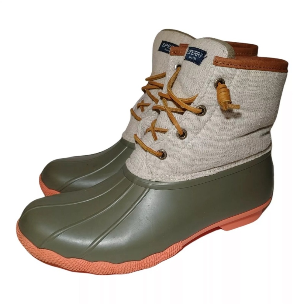 Sperry Womens Saltwater Duck Boots Taupe Coral STS95346 Size 10 M
